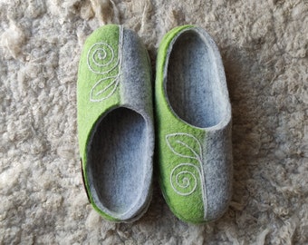 Felted slippers - light grey - light green - with soles - ready to ship