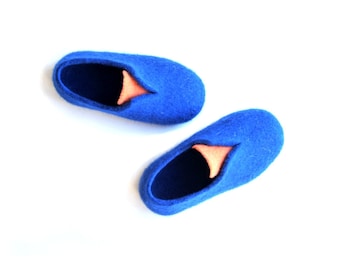Felted slippers - Ink blue and Orange -Home wool shoes- Handmade shoes