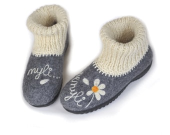Handmade grey wool felted shoes with rubber soles, personalised