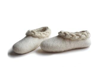 Handmade wool felted slippers with rubber soles - house shoes - natural - eco friendly