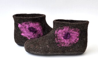Felted slippers from natural wool, brown, chocolate brown, natural color, pink