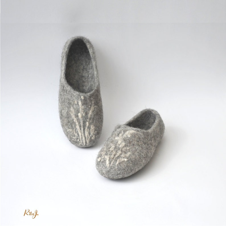 Handmade eco friendly felted slippers from natural wool grey