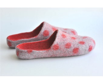 Handmade  wool felted slippers  - red polka dot