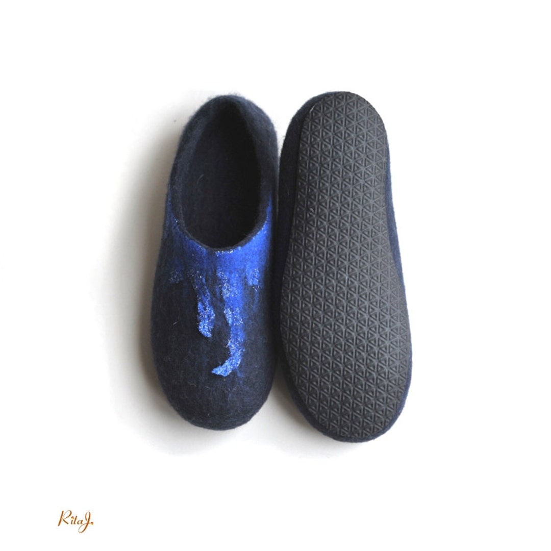 Handmade Dark Blue Softest Merino Wool Felted Slippers With - Etsy