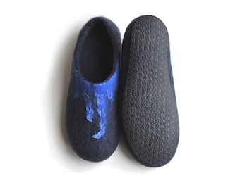 Handmade dark blue softest merino wool felted slippers with rubber soles