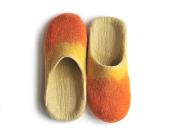 Handmade wool felted slippers - house shoe - orange-yellow-ivory