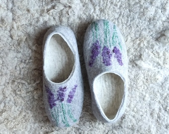 Handmade wool felted house shoes with rubber soles - ready to ship - organic wool - gray slippers - levander flower - 8 US women