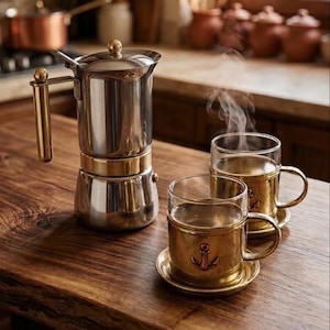 May include: A stainless steel moka pot with a gold-toned handle and base, accompanied by two glass mugs with gold-toned metal sleeves featuring an anchor emblem. Each mug sits on a matching gold-toned saucer, with steam rising from the hot liquid.