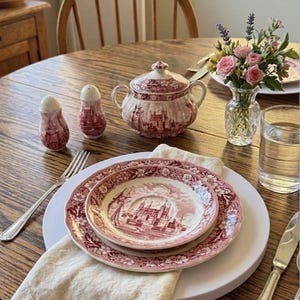Vintage Palissy England Thames River Scenes Pink Transferware - Sugar Bowl with Lid, Salt Pepper Shakers, 8"& 6" Salad Bread Plates - Choice