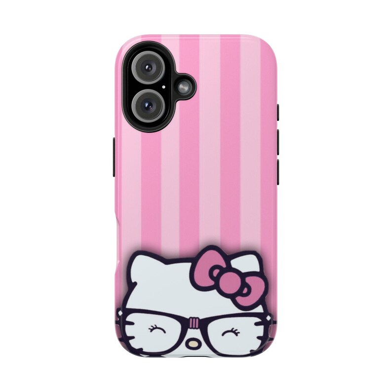 Hello Kitty with Glasses iPhone Case | Pink Stripes Tough Phone Case image 6
