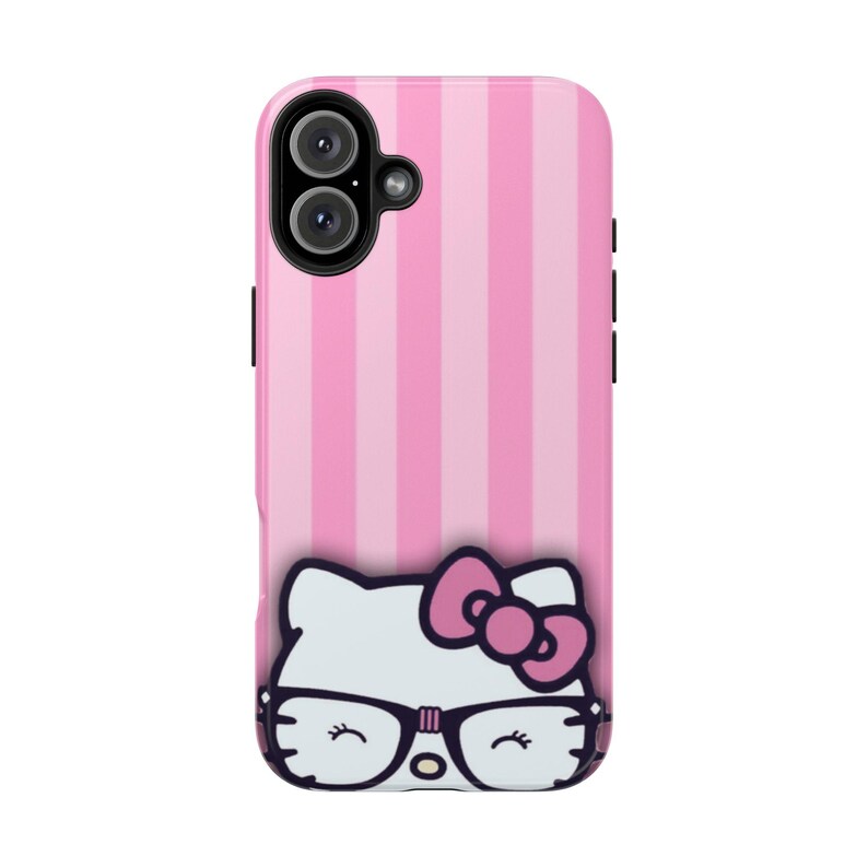 Hello Kitty with Glasses iPhone Case | Pink Stripes Tough Phone Case image 12