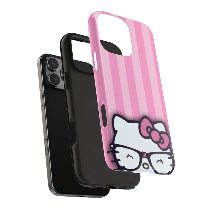 Hello Kitty with Glasses iPhone Case | Pink Stripes Tough Phone Case image 11