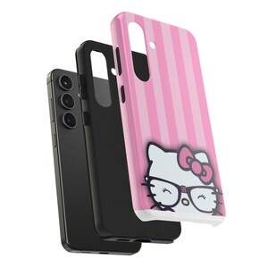 Hello Kitty with Glasses iPhone Case | Pink Stripes Tough Phone Case image 19