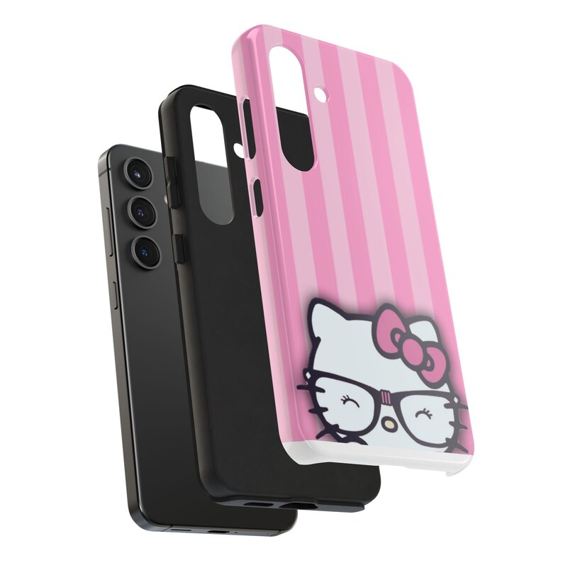 Hello Kitty with Glasses iPhone Case | Pink Stripes Tough Phone Case image 19