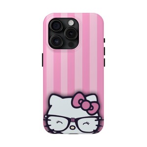 Hello Kitty with Glasses iPhone Case | Pink Stripes Tough Phone Case image 16