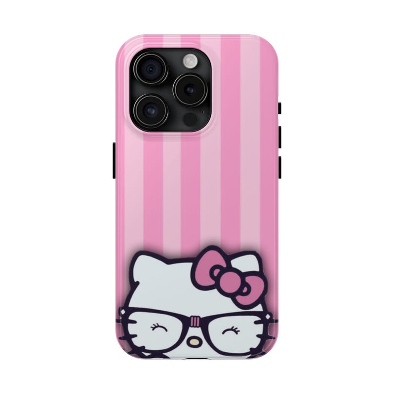 Hello Kitty with Glasses iPhone Case | Pink Stripes Tough Phone Case image 16