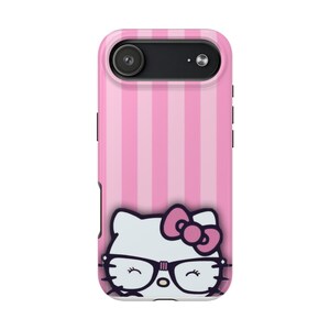 Hello Kitty with Glasses iPhone Case | Pink Stripes Tough Phone Case image 3