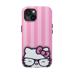 Hello Kitty with Glasses iPhone Case | Pink Stripes Tough Phone Case image 14