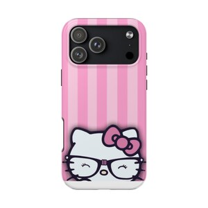 Hello Kitty with Glasses iPhone Case | Pink Stripes Tough Phone Case image 5
