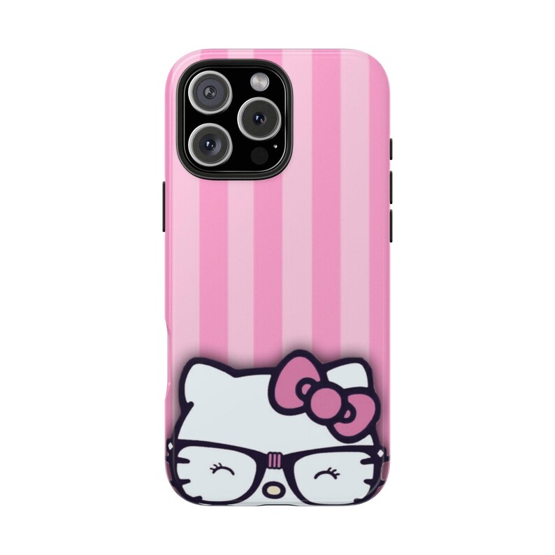 Hello Kitty with Glasses iPhone Case | Pink Stripes Tough Phone Case image 10