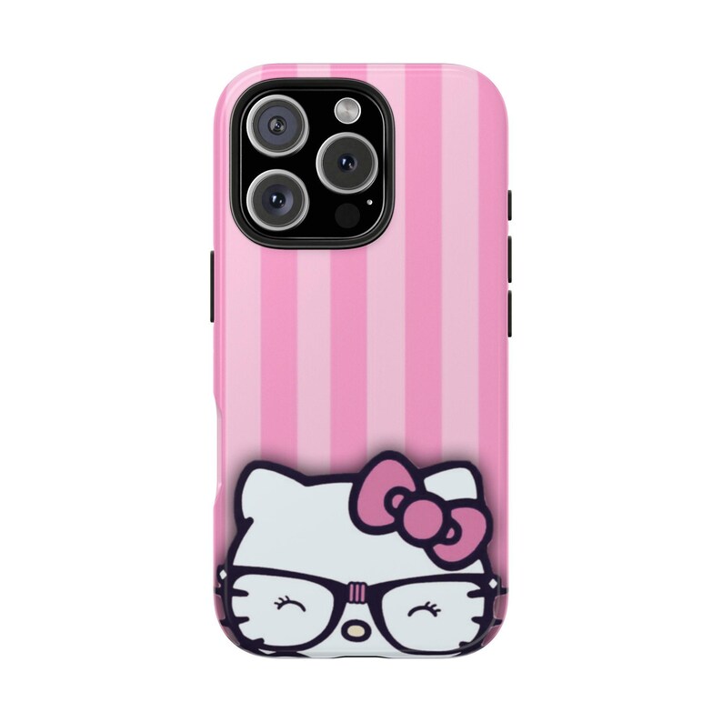 Hello Kitty with Glasses iPhone Case | Pink Stripes Tough Phone Case image 8
