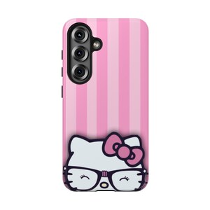 Hello Kitty with Glasses iPhone Case | Pink Stripes Tough Phone Case image 20