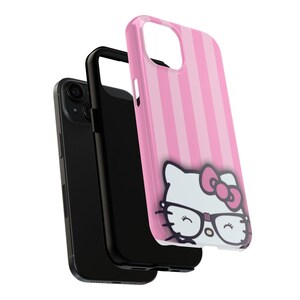 Hello Kitty with Glasses iPhone Case | Pink Stripes Tough Phone Case image 15