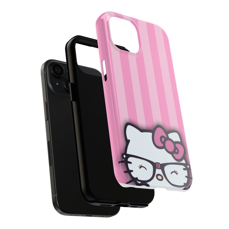 Hello Kitty with Glasses iPhone Case | Pink Stripes Tough Phone Case image 15