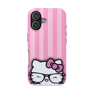 Hello Kitty with Glasses iPhone Case | Pink Stripes Tough Phone Case image 1