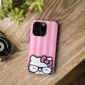 Hello Kitty with Glasses iPhone Case | Pink Stripes Tough Phone Case image 17