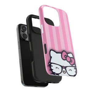 Hello Kitty with Glasses iPhone Case | Pink Stripes Tough Phone Case image 9