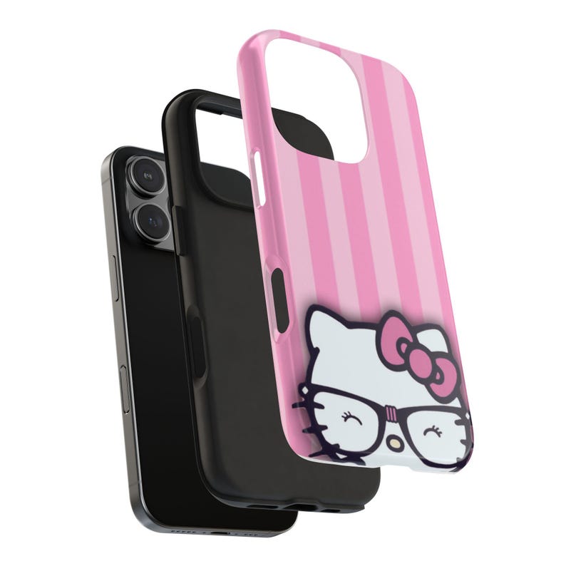 Hello Kitty with Glasses iPhone Case | Pink Stripes Tough Phone Case image 9
