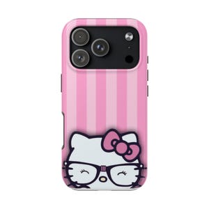 Hello Kitty with Glasses iPhone Case | Pink Stripes Tough Phone Case image 4