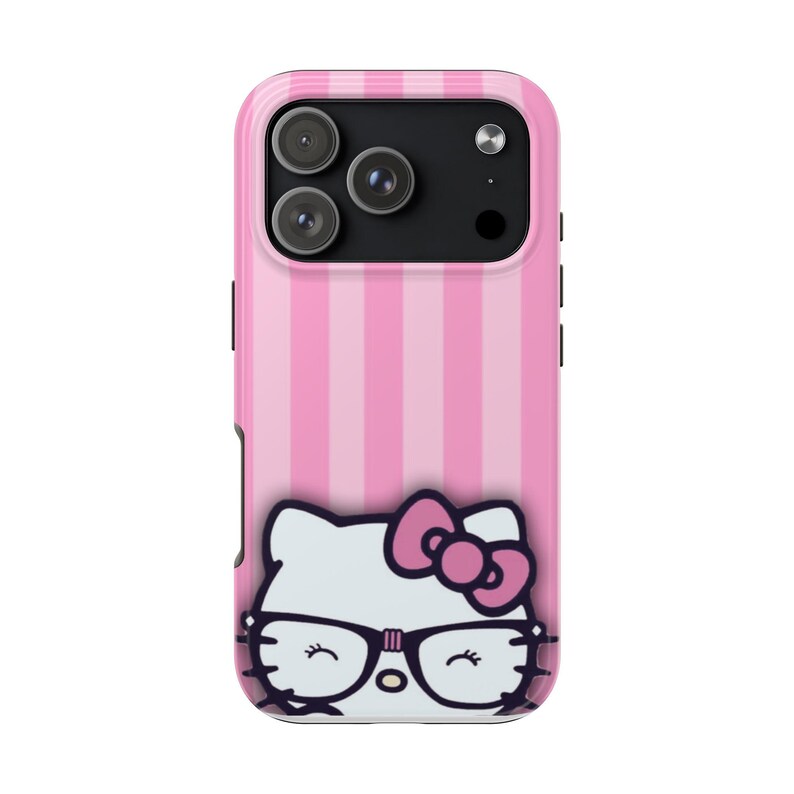 Hello Kitty with Glasses iPhone Case | Pink Stripes Tough Phone Case image 4