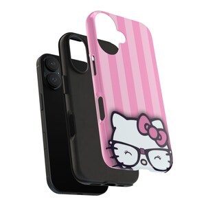 Hello Kitty with Glasses iPhone Case | Pink Stripes Tough Phone Case image 7