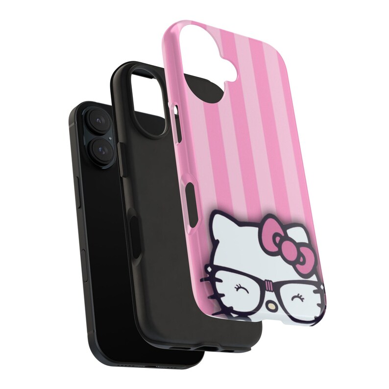 Hello Kitty with Glasses iPhone Case | Pink Stripes Tough Phone Case image 7