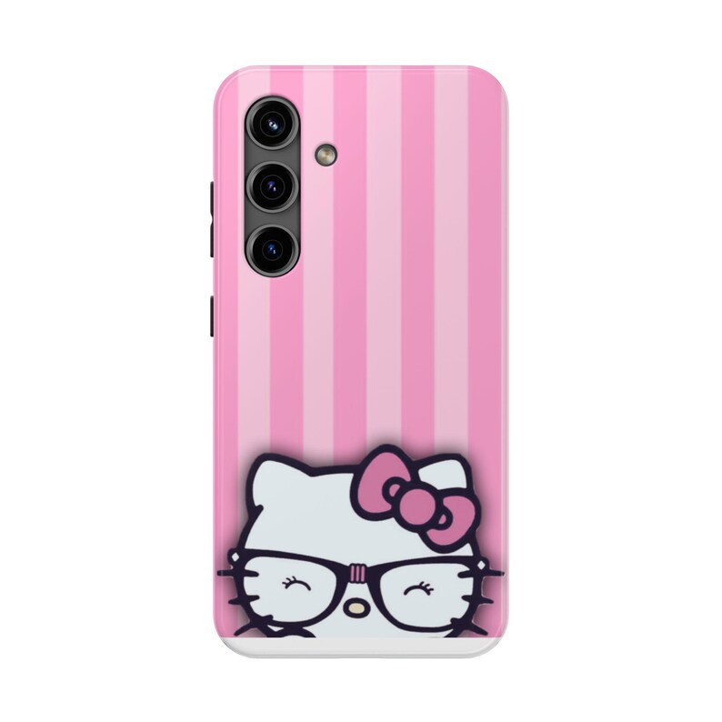 Hello Kitty with Glasses iPhone Case | Pink Stripes Tough Phone Case image 18
