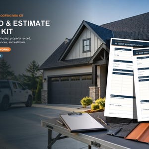 Puede incluir: Un kit de techado Focused con cuatro formularios rellenables en tamaños Letter y A4. El kit incluye documentos titulados Client & Property Intake y Roof Area & Existing Condition Record, junto a un portapapeles y muestras de materiales de techo.