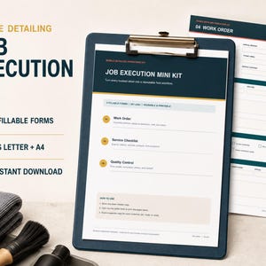 May include: A mobile detailing job execution kit featuring a dark blue clipboard holding a printed form titled Job Execution Mini Kit. The document includes sections for a work order, service checklist, and quality control, with US letter sizing.
