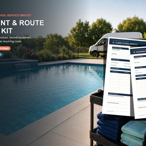 Könnte beinhalten: Ein Pool-Service-Mini-Kit mit zwei weißen, ausfüllbaren Formularen mit dunkelblauen Kopfzeilen, beschriftet mit Client & Pool Profile und Equipment & Asset Register. Der Text enthält Focused Pool-Service Mini Kit, 3 Fillable Forms, Letter + A4.