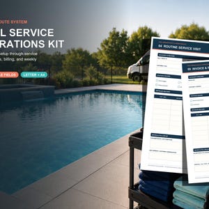 May include: A pool service operations kit featuring 10 fillable forms for routine service visits and invoice records. The documents include sections for account records, status and scope, detailed records, and notes, available in letter and A4 sizes.
