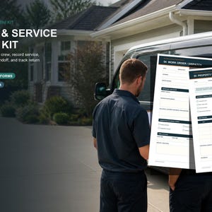May include: A digital Job & Service Mini Kit featuring five fillable forms in Letter and A4 sizes. The documents include a Work Order/Dispatch form and a Property Protection & Pre-Service form, designed for dispatching crews and recording service visits.