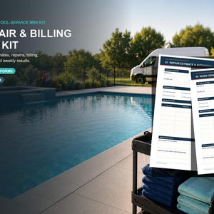 Puede incluir: Un mini kit de servicio de piscina con cuatro formularios rellenables para reparaciones y facturación. Los documentos incluyen secciones para presupuestos, autorizaciones y órdenes de trabajo. El texto dice Focused Pool-Service Mini Kit, Repair & Billing Mini Kit, 4 Fillable Forms y Letter + A4.
