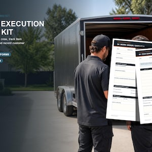 May include: A digital job execution mini kit featuring four fillable forms in letter and A4 sizes. The documents include a work order, dispatch, and item sorting and destination plan, designed to track crew tasks and record customer handoffs.