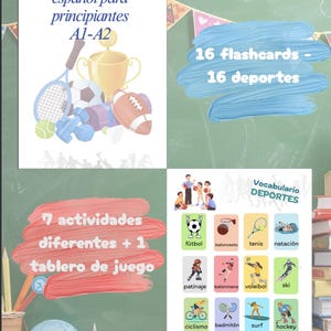 Puede incluir: Materiales educativos para aprender español para principiantes. Incluye tarjetas didácticas, actividades y un tablero de juego. La imagen presenta ilustraciones de equipos deportivos y tarjetas de vocabulario con términos deportivos.