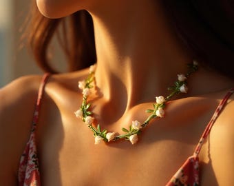Vintage Lily of the Valley Jewelry Set, Metal Floral Necklace, Bracelet, Earrings, Birthday Gift for Her/Mom, Wedding Gifts, Gift for Her