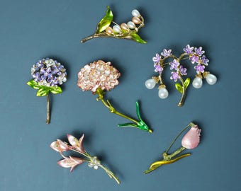 Birth Flower Brooch, Enamel Floral Pin, Bridesmaid Wedding Jewelry