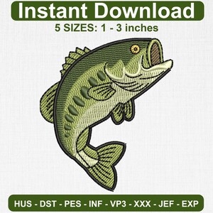 May include: An embroidered design of a largemouth bass in shades of green and black. The design is available in 5 sizes, ranging from 1 to 3 inches. The words "Instant Download" are at the top, and file formats are listed at the bottom.