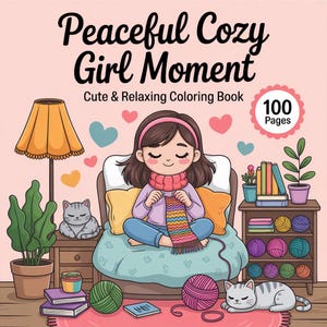 Puede incluir: Ilustración de la portada de un libro para colorear titulado "Peaceful Cozy Girl Moment". La imagen muestra a una niña tejiendo, rodeada de ovillos de lana, libros y un gato. La portada también indica "Cute & Relaxing Coloring Book" y "100 Pages".