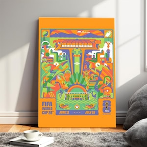 Puede incluir: Un póster rectangular con fondo naranja que presenta una vibrante ilustración gráfica multicolor. El diseño incluye figuras estilizadas, elementos arquitectónicos y el texto FIFA WORLD CUP 26, JUNE 11, JULY 19 y MEXICO CITY.